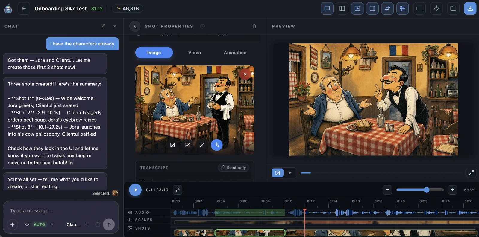 Planetanium's agent creating shots from audio, synced on the timeline